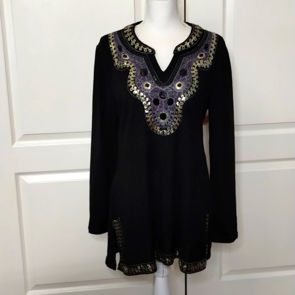 Zashi pullover blouse large black sequin back long sleeve top purple gold